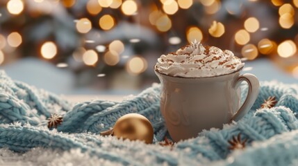 Obraz na płótnie Canvas A mug of hot chocolate topped with whipped cream nestled in a soft blue blanket with warm bokeh lights.
