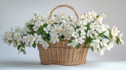 A wicker basket full of white flowers on a white background. Generative AI.