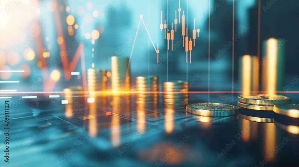 Poster a stack of gold coins on a line graph that is trending upwards.