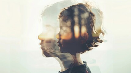 Double exposure portrait of a young child, merging multiple profile views into one image.
