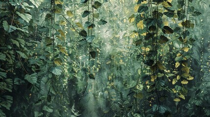 Hanging vines, detailed texture, close-up, straight-on angle, rainforest canopy, humid atmosphere - obrazy, fototapety, plakaty
