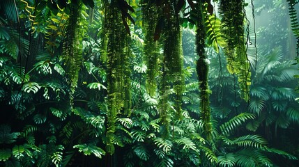 Hanging vines, detailed texture, close-up, straight-on angle, rainforest canopy, humid atmosphere