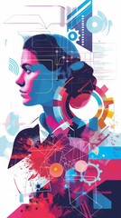 A Colorful Abstract Background With Gears And A Woman.