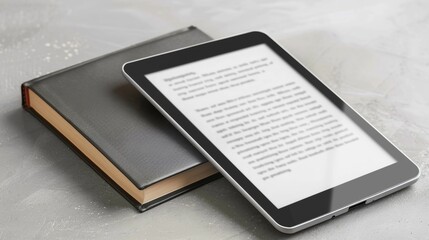 An e-reader lies atop a hardcover book on a textured concrete surface, symbolizing modern reading.