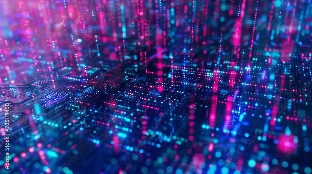 Poster binary code patterns and circuit board elements arranged in a modern, abstract style.