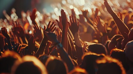 A large crowd of people with their hands raised in the air at a concert