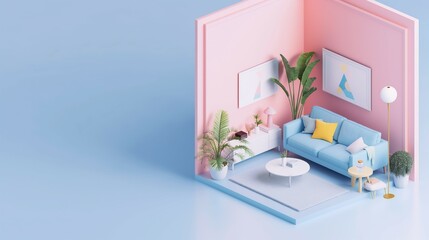 An Isometric Illustration Of A Living Room Interior.