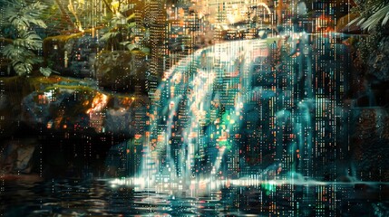 Pixelated waterfall, close-up, eye-level, digital rainforest, cascading bits, ethereal light 