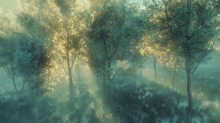 Holographic trees, shimmering, close-up, high-angle, virtual forest, soft digital haze