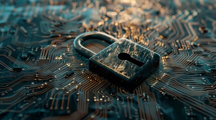 Conceptual image of a padlock on a motherboard symbolizing data security and cyber protection. - Powered by Adobe
