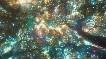 Holographic trees, shimmering, close-up, high-angle, virtual forest, soft digital haze