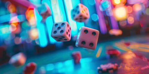 Multiple colorful dice suspended in air with a neon-lit backdrop. - obrazy, fototapety, plakaty