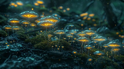 Fototapeta na wymiar Futuristic fungi, glowing, close-up, straight-on shot, digital forest floor, bio-luminescent night 