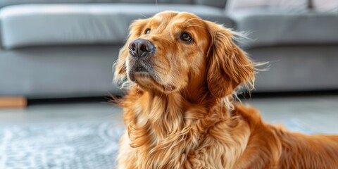 A thoughtful golden retriever looks up, indoors with a soft-focused background, evoking contemplation.