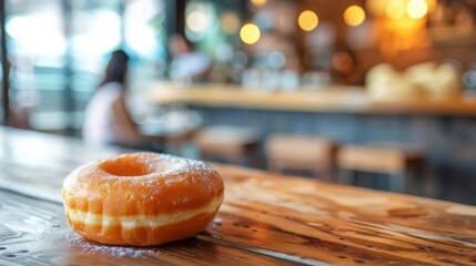 Obraz na płótnie Canvas A single glazed donut with powdered sugar on top, resting on a wooden table in a cozy café.