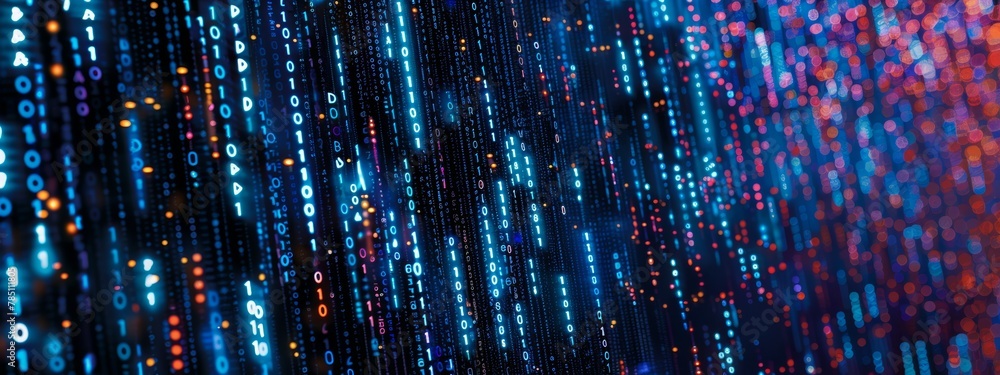 Poster binary code patterns and circuit board elements arranged in a modern, abstract style.
