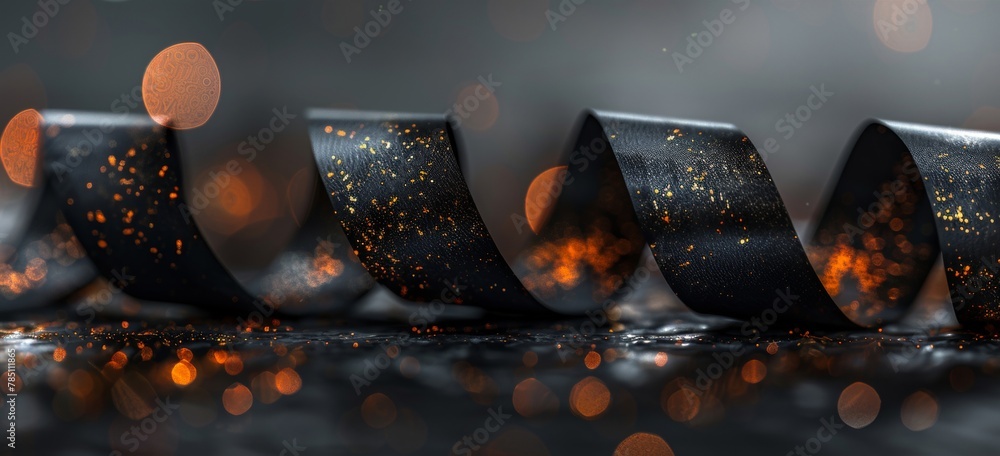 Poster abstract view of a black ribbon with golden sparkles twirling against a bokeh light background.