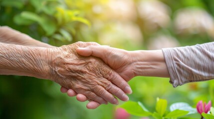 A warm, intergenerational handshake between an elderly person and a younger individual outdoors.