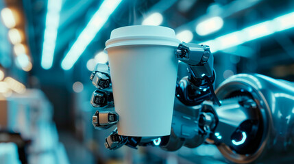 robot hand holding a glass on white - obrazy, fototapety, plakaty
