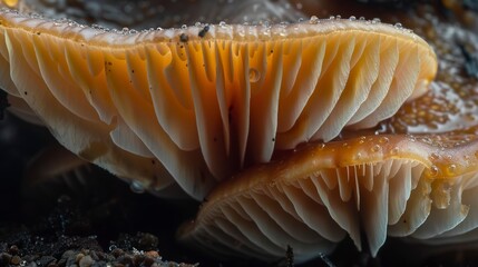Fungi underbelly, macro, close-up, hidden world, gills and spores, damp earth - obrazy, fototapety, plakaty