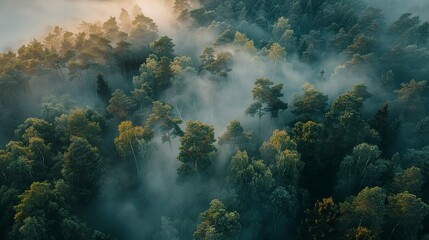 Naklejka na ściany i meble Misty forest from above, close-up, high-angle, morning fog weaving through trees, silent dawn 