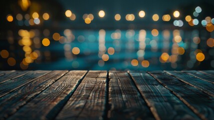 Wooden pier with detailed texture foreground and defocused golden bokeh lights reflecting on water at night. - obrazy, fototapety, plakaty