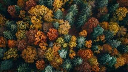 Autumn forest, vibrant colors, aerial close-up, bird's-eye view, patchwork of fall, golden hour