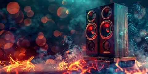 A high-definition speaker with abstract fiery and smokey visual effects, suggesting dynamic sound and energy.