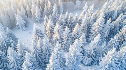 Snow-covered pines, aerial perspective, close-up, high-angle, winter's white blanket, crisp light 