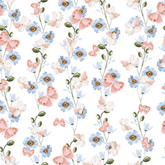 Watercolor pattern with  flowers and butterfly flowers.