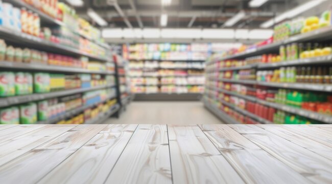 A high-resolution image of a bright supermarket aisle, defocused with an empty wooden table foreground.