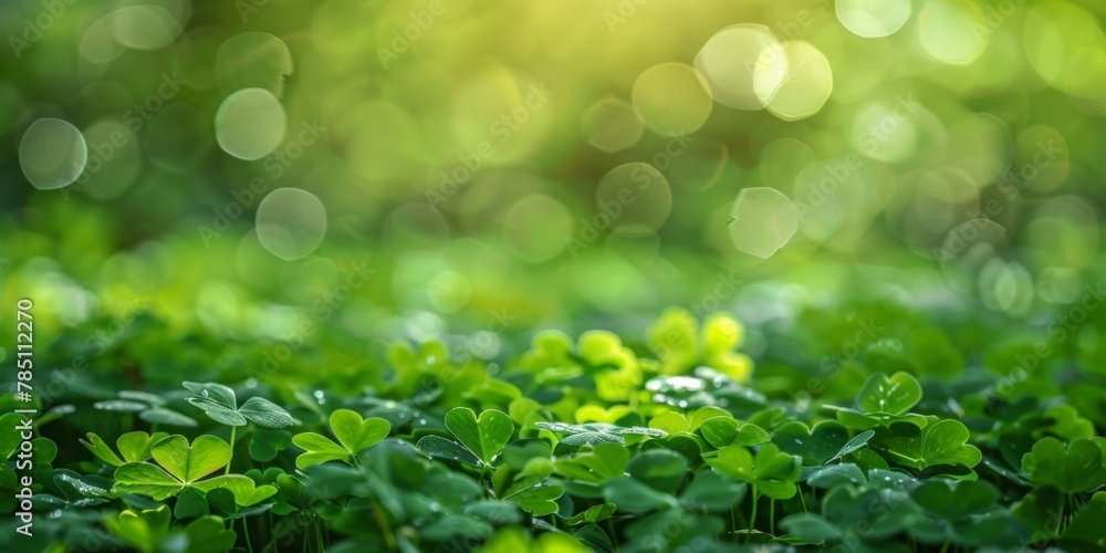 Poster glistening dew drops on green clover leaves with sunlight creating a soft bokeh effect.