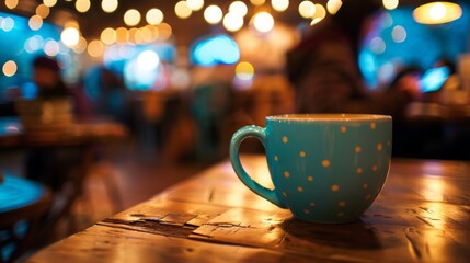 Polka dot cup on a wooden table with blurred warm café lighting in the background. - Powered by Adobe