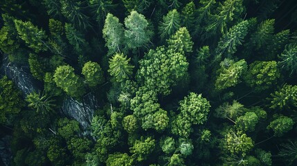 Mountain forest edge, aerial view, close-up, bird's-eye perspective, rugged terrain meets lush green  - obrazy, fototapety, plakaty