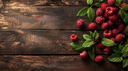 Ripe raspberries with green leaves scattered on a rustic dark wood surface, suggesting freshness.