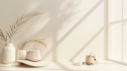 Fototapeta na wymiar A Purse, Hat And Sunglasses On A White Table. 