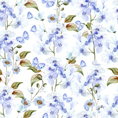 Watercolor pattern with  blue flowers, butterfly and leaves.
