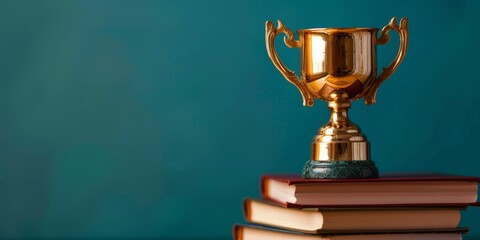 A golden trophy cup placed on top of a stack of hardcover books against a blue background.