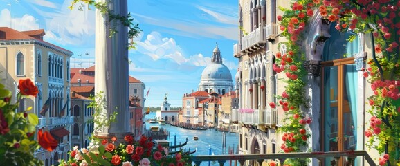 A beautiful view of Venice from the balcony, with roses and ivy climbing up its pillars, overlooking canals and buildings. - obrazy, fototapety, plakaty
