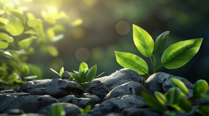 New life emerging with young green plants sprouting from a bed of smooth river stones. - obrazy, fototapety, plakaty