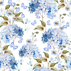 Watercolor pattern with the different hudrangea flowers and butterfly. - 785112600
