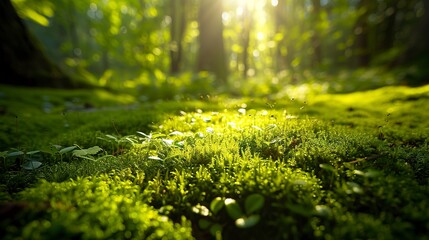 Dappled sunlight on moss, close-up, high-angle, forest floor, midday magic 