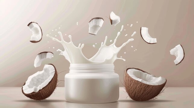 White open jar with organic cream falling in milk splash near cracked coconut. Concept poster for natural cosmetics.