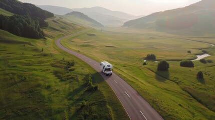 Fototapeta premium Motorhome driving through scenic green valley with majestic mountains, aerial view