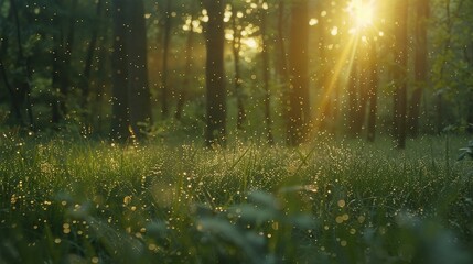 Morning sun, dew sparkles, close-up, straight-on shot, forest renewal, crisp air 