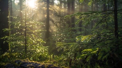 Fototapeta premium Morning sun, dew sparkles, close-up, straight-on shot, forest renewal, crisp air