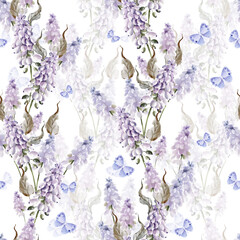 Watercolor seamless pattern with muscari flowers and butterfly. - obrazy, fototapety, plakaty
