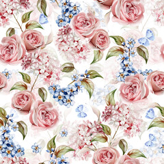 Watercolor pattern with the different hudrangea flowers and roses.
