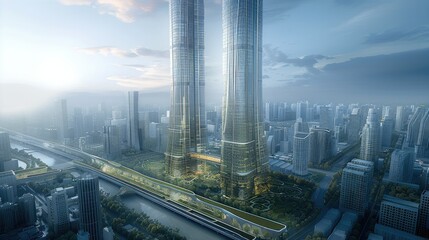 The design plan for the future city, commercial buildings, and residential areas. Two tall twin towers with glass curtain walls on top. Generative AI. - obrazy, fototapety, plakaty