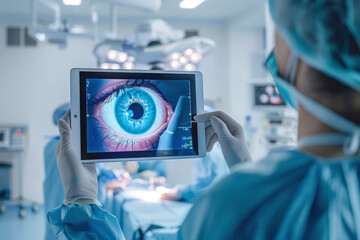 Medical professional using a tablet for detailed visualization in an eye surgery.